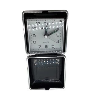 Vintage Advance Quartz Travel Alarm Clock Black Hardshell Folding Case Mens